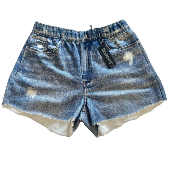 Blank NYC City Scape French Terry Faux Denim Shorts Blue Medium - Picture 3 of 11